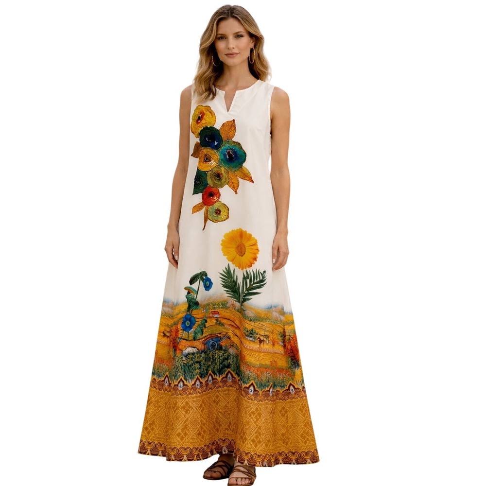 Womens XL Maxi Dress Sleeveless V‎ Neck Landscape Print White Resortwear 100-49